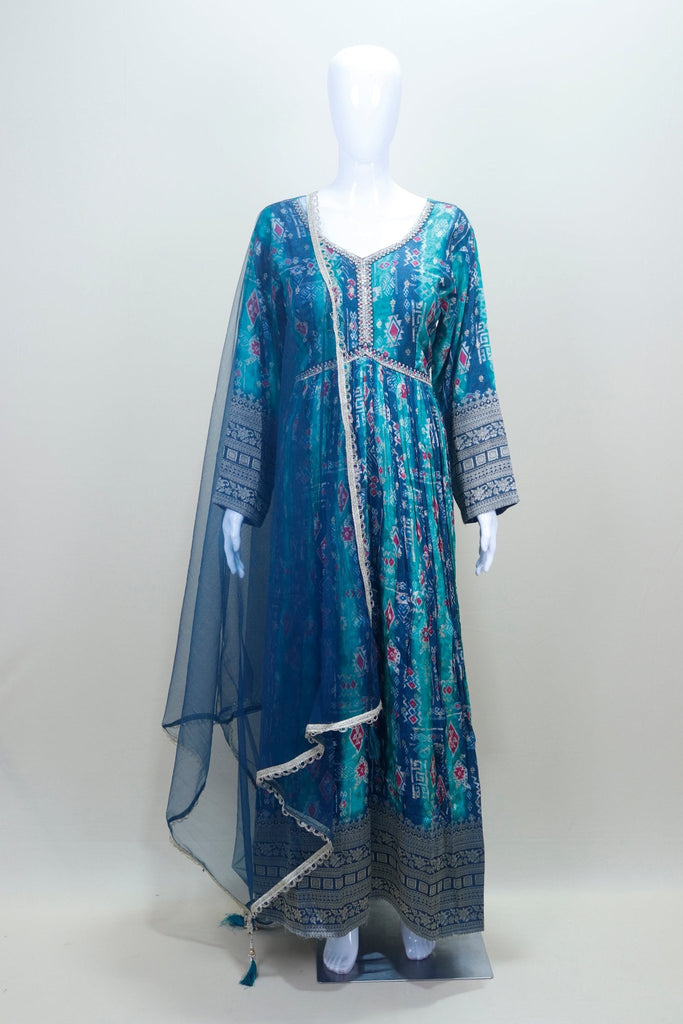 Teal Blue Printed Anarkali Kurta Set with Embroidered Yoke Net Dupatta - Mangaldeep NX