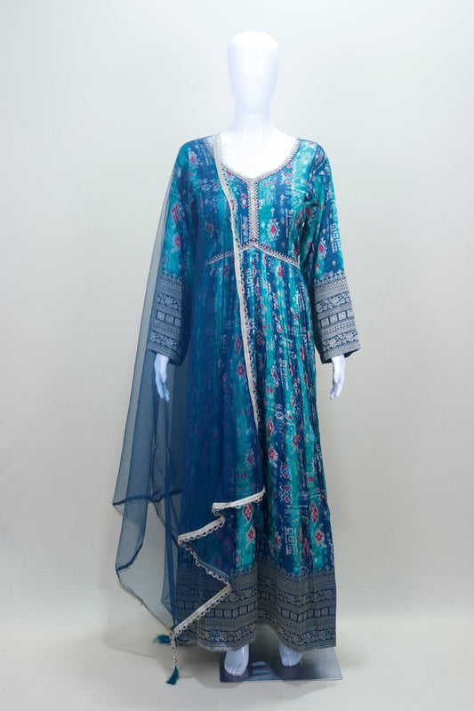 Teal Blue Printed Anarkali Kurta Set with Embroidered Yoke Net Dupatta - Mangaldeep NX