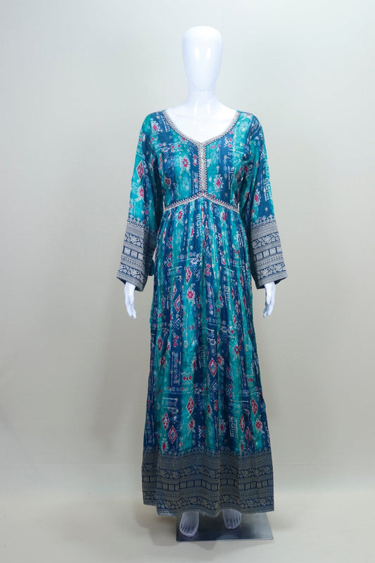 Teal Blue Printed Anarkali Kurta Set with Embroidered Yoke Net Dupatta - Mangaldeep NX