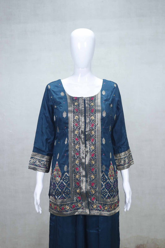 Teal Blue Printed Embroidered Kurta Sharara Set with Net Dupatta for Festive Wear - Mangaldeep NX