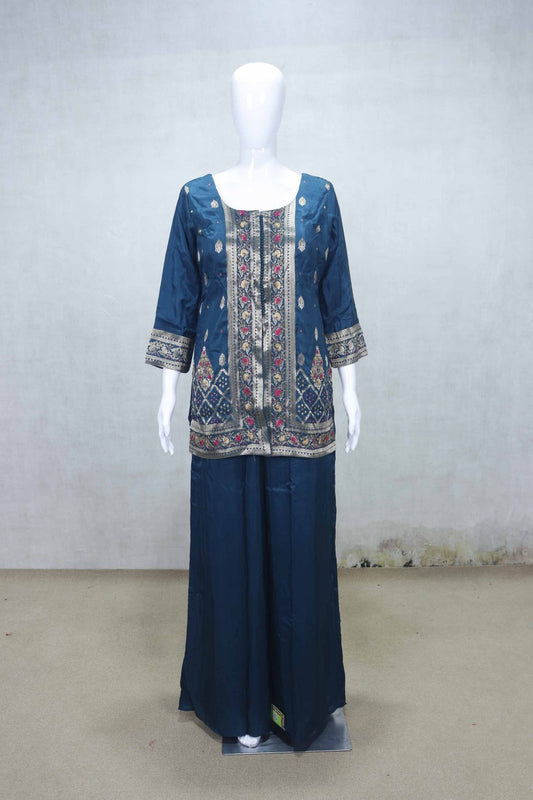 Teal Blue Printed Embroidered Kurta Sharara Set with Net Dupatta for Festive Wear - Mangaldeep NX