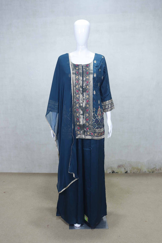 Teal Blue Printed Embroidered Kurta Sharara Set with Net Dupatta for Festive Wear - Mangaldeep NX