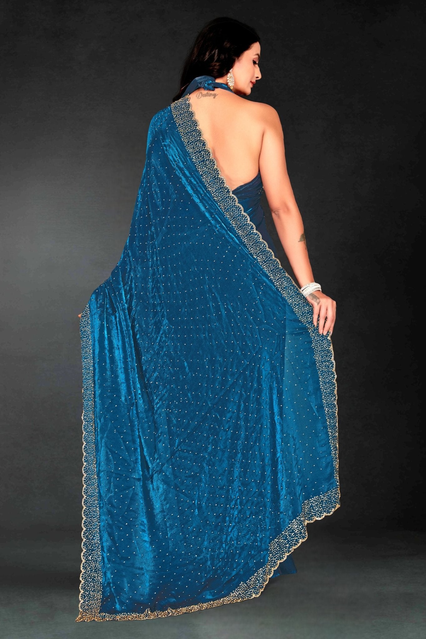 Teal Blue Sequin Embellished Party Wear Fancy Saree with Golden Scallop Border - Mangaldeep NX