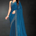 Teal Blue Sequin Embellished Party Wear Fancy Saree with Golden Scallop Border - Mangaldeep NX