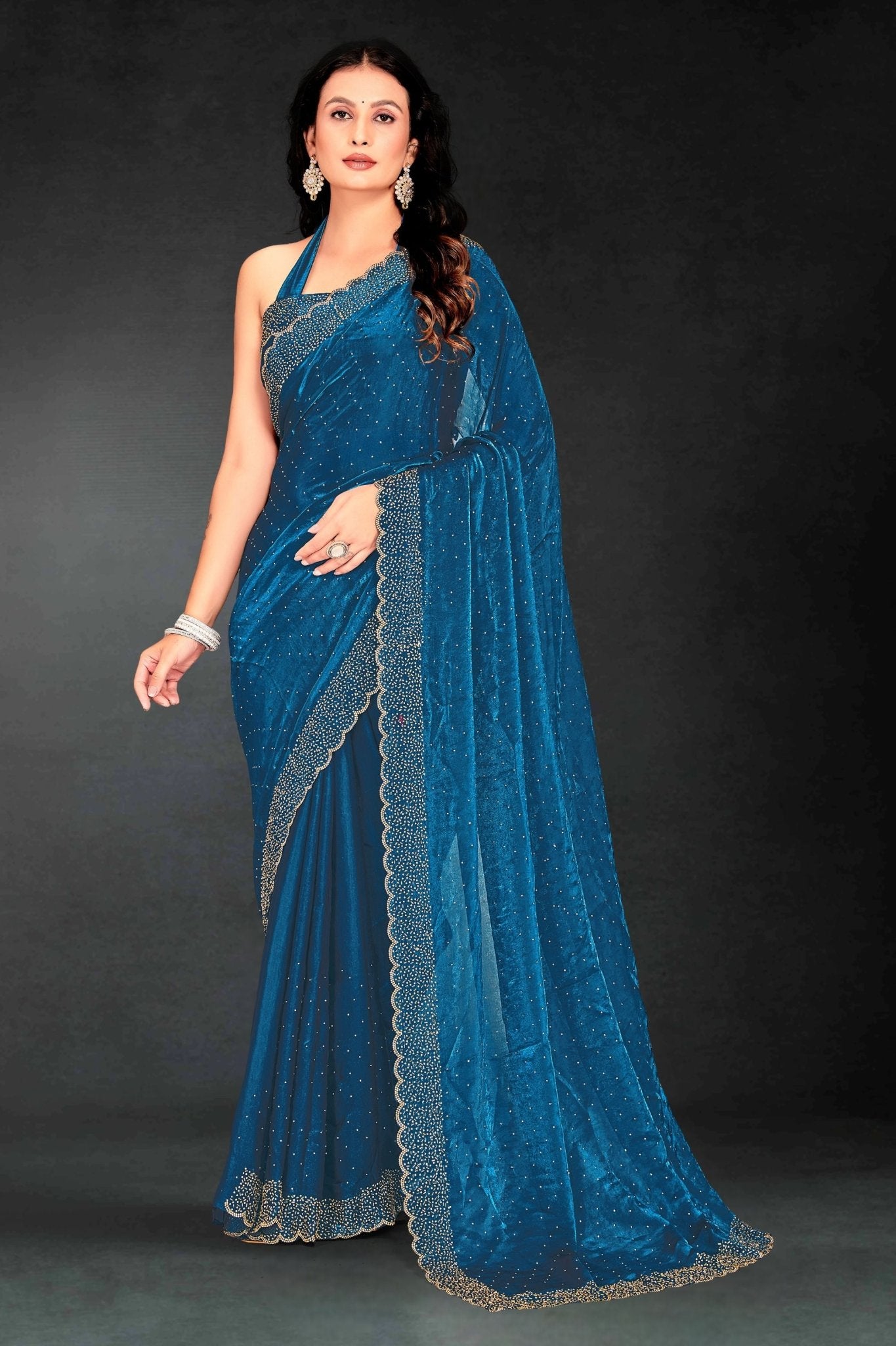Teal Blue Sequin Embellished Party Wear Fancy Saree with Golden Scallop Border - Mangaldeep NX