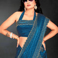 Teal Blue Sequin Embellished Party Wear Fancy Saree with Golden Scallop Border - Mangaldeep NX