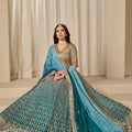 Teal Blue Silk Embroidered Lehenga Choli Set with Sequined Blouse and Contrast Dupatta - Mangaldeep NX