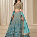Teal Blue Silk Embroidered Lehenga Choli Set with Sequined Blouse and Contrast Dupatta - Mangaldeep NX