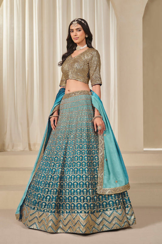 Teal Blue Silk Embroidered Lehenga Choli Set with Sequined Blouse and Contrast Dupatta - Mangaldeep NX