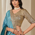 Teal Blue Silk Embroidered Lehenga Choli Set with Sequined Blouse and Contrast Dupatta - Mangaldeep NX