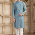 Teal Blue Silk Kurta Pyjama Set for Men with Mirror Embellished Placket - Mangaldeep NX