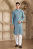 Teal Blue Silk Kurta Pyjama Set for Men with Mirror Embellished Placket - Mangaldeep NX