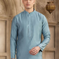 Teal Blue Silk Kurta Pyjama Set for Men with Mirror Embellished Placket - Mangaldeep NX