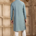 Teal Blue Silk Kurta Pyjama Set for Men with Mirror Embellished Placket - Mangaldeep NX
