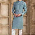 Teal Blue Silk Kurta Pyjama Set for Men with Mirror Embellished Placket - Mangaldeep NX
