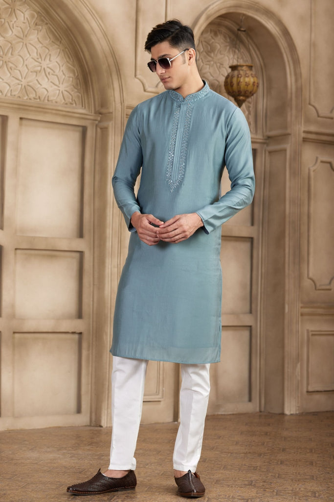 Teal Blue Silk Kurta Pyjama Set for Men with Mirror Embellished Placket - Mangaldeep NX