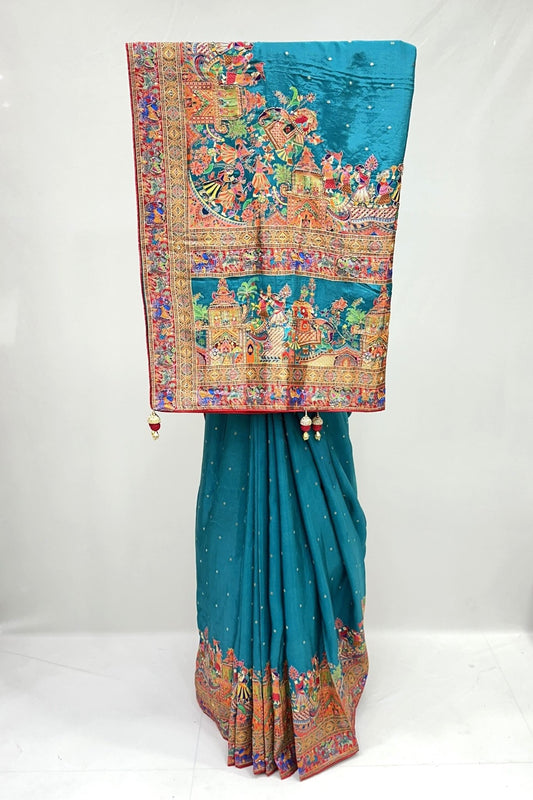 Teal Blue Silk Saree with Intricate Rajasthani Motif - Mangaldeep NX