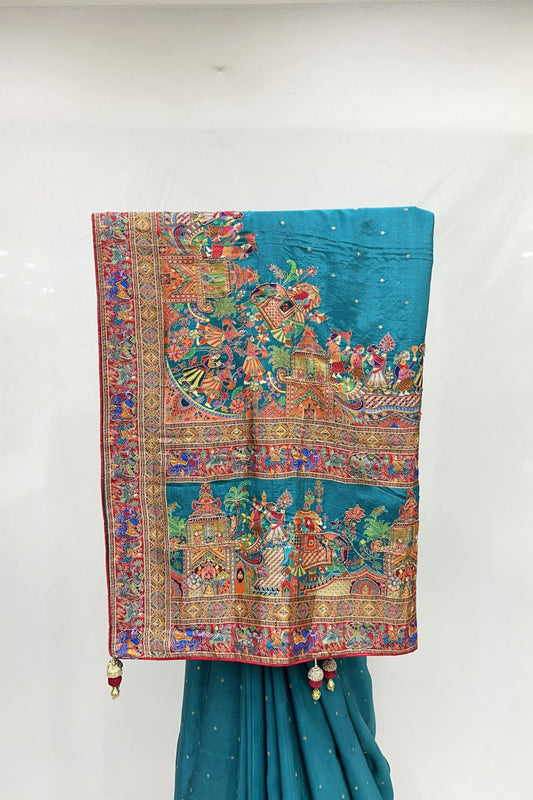 Teal Blue Silk Saree with Intricate Rajasthani Motif - Mangaldeep NX
