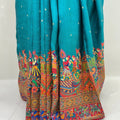 Teal Blue Silk Saree with Intricate Rajasthani Motif - Mangaldeep NX