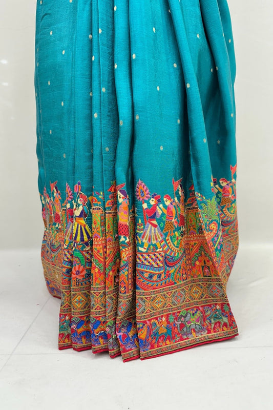 Teal Blue Silk Saree with Intricate Rajasthani Motif - Mangaldeep NX