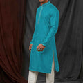 Teal Blue Textured Cotton Kurta for Men with Off - White Pyjama - Mangaldeep NX