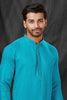 Teal Blue Textured Cotton Kurta for Men with Off - White Pyjama - Mangaldeep NX