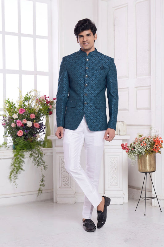 Teal Blue Textured Indo Western Suit for Men with White Trousers - Mangaldeep NX