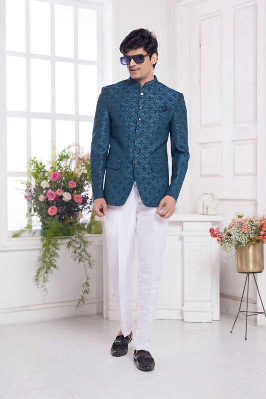 Teal Blue Textured Indo Western Suit for Men with White Trousers - Mangaldeep NX