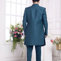 Teal Blue Textured Silk Indo - Western Sherwani Set for Men with Embroidered Detailing - Mangaldeep NX