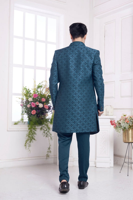 Teal Blue Textured Silk Indo - Western Sherwani Set for Men with Embroidered Detailing - Mangaldeep NX