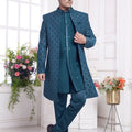 Teal Blue Textured Silk Indo - Western Sherwani Set for Men with Embroidered Detailing - Mangaldeep NX