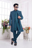 Teal Blue Textured Silk Indo - Western Sherwani Set for Men with Embroidered Detailing - Mangaldeep NX