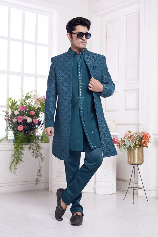 Teal Blue Textured Silk Indo - Western Sherwani Set for Men with Embroidered Detailing - Mangaldeep NX
