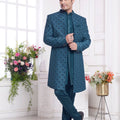 Teal Blue Textured Silk Indo - Western Sherwani Set for Men with Embroidered Detailing - Mangaldeep NX