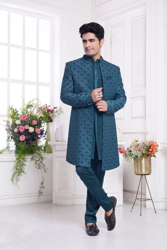 Teal Blue Textured Silk Indo - Western Sherwani Set for Men with Embroidered Detailing - Mangaldeep NX