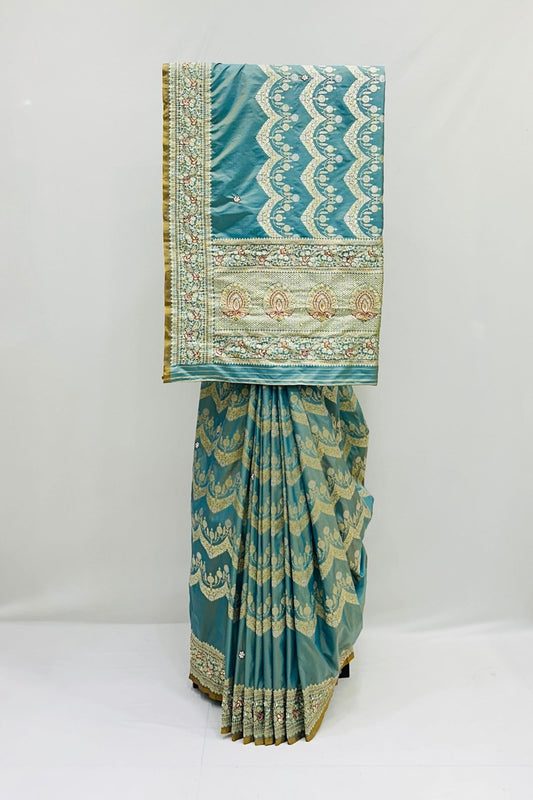Teal Cyan green Silk Saree with Antique Gold Thread Embroidery - Mangaldeep NX