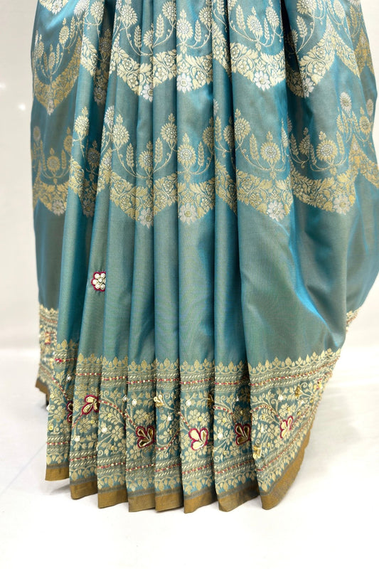 Teal Cyan green Silk Saree with Antique Gold Thread Embroidery - Mangaldeep NX