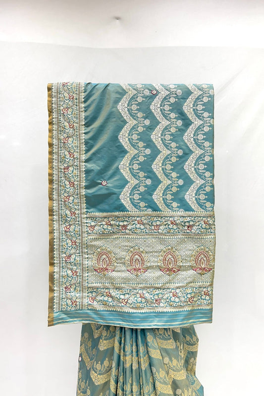 Teal Cyan green Silk Saree with Antique Gold Thread Embroidery - Mangaldeep NX