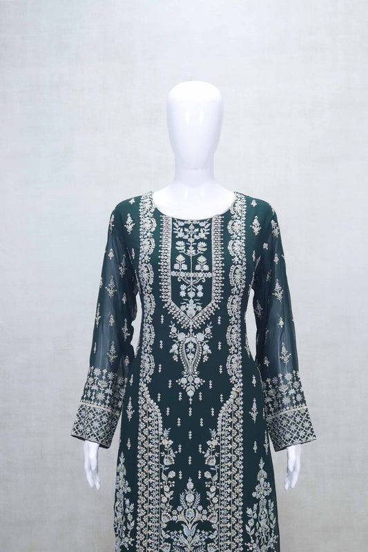 Teal Green and Sky Blue Embroidered Straight Kurta Set with Palazzo Pants and Net Dupatta - Mangaldeep NX