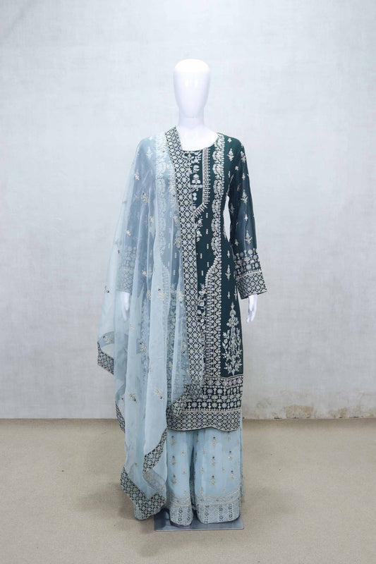 Teal Green and Sky Blue Embroidered Straight Kurta Set with Palazzo Pants and Net Dupatta - Mangaldeep NX