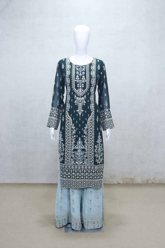 Teal Green and Sky Blue Embroidered Straight Kurta Set with Palazzo Pants and Net Dupatta - Mangaldeep NX