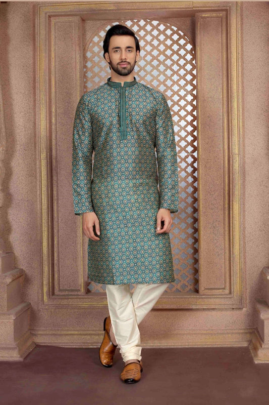 Teal Green Art Silk Kurta Pyjama Set for Men with Traditional Brocade Weave - Mangaldeep NX