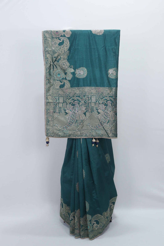 Teal Green Banarasi Silk Saree with Silver Zari Embroidery and Peacock Motifs - Mangaldeep NX