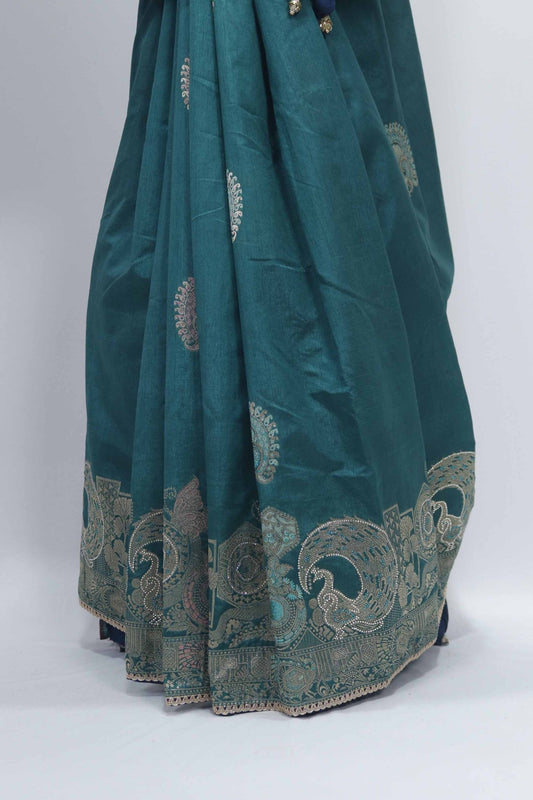 Teal Green Banarasi Silk Saree with Silver Zari Embroidery and Peacock Motifs - Mangaldeep NX