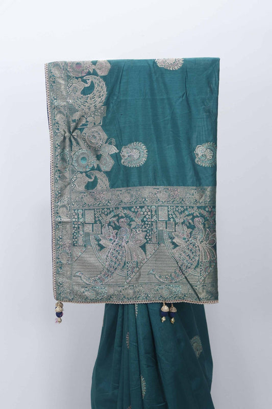 Teal Green Banarasi Silk Saree with Silver Zari Embroidery and Peacock Motifs - Mangaldeep NX