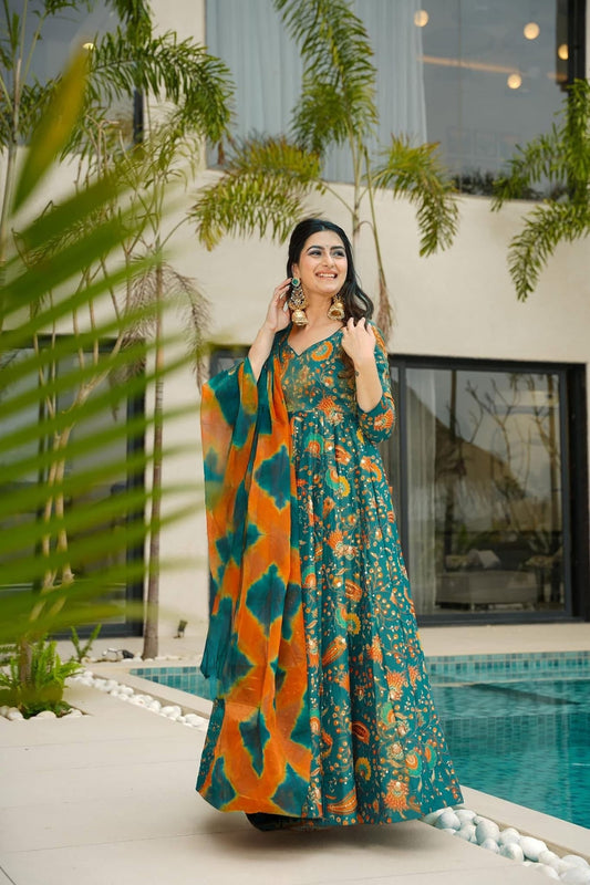 Teal Green Bandhani Printed Gown with Peacock and Floral Motifs and Orange Tie - Dye Dupatta - Mangaldeep NX