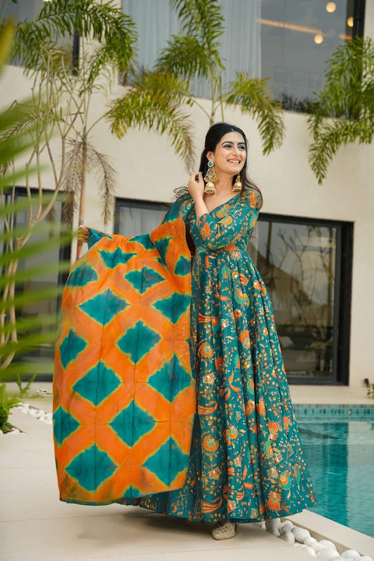 Teal Green Bandhani Printed Gown with Peacock and Floral Motifs and Orange Tie - Dye Dupatta - Mangaldeep NX