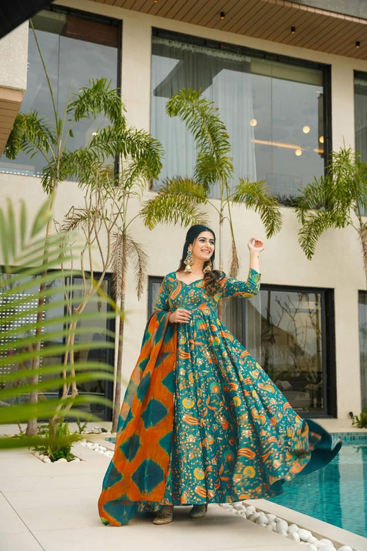Teal Green Bandhani Printed Gown with Peacock and Floral Motifs and Orange Tie - Dye Dupatta - Mangaldeep NX