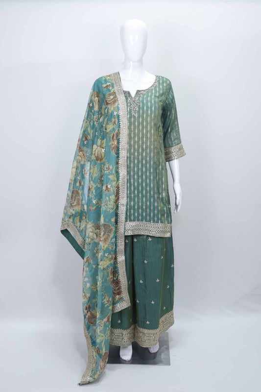 Teal Green Bandhani Sharara Suit with Floral Dupatta - Mangaldeep NX