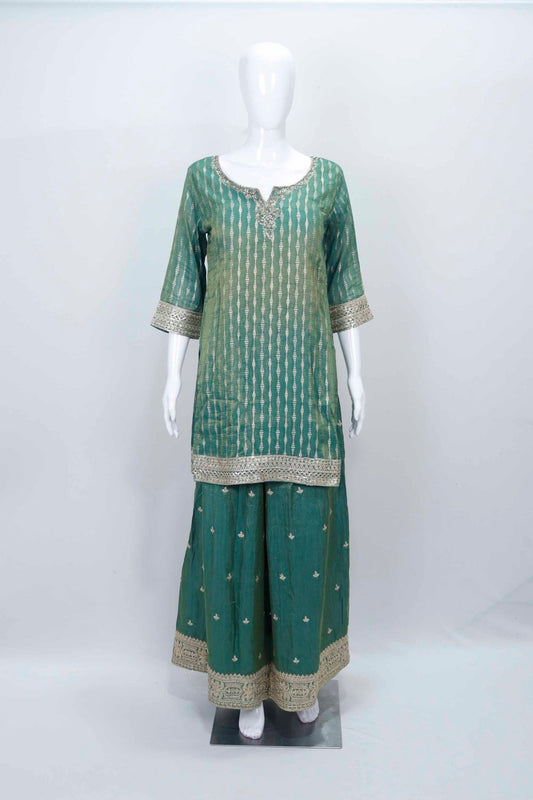 Teal Green Bandhani Sharara Suit with Floral Dupatta - Mangaldeep NX